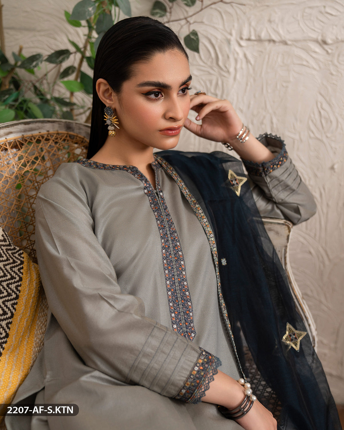 Chambray Katan Embroidered Suit