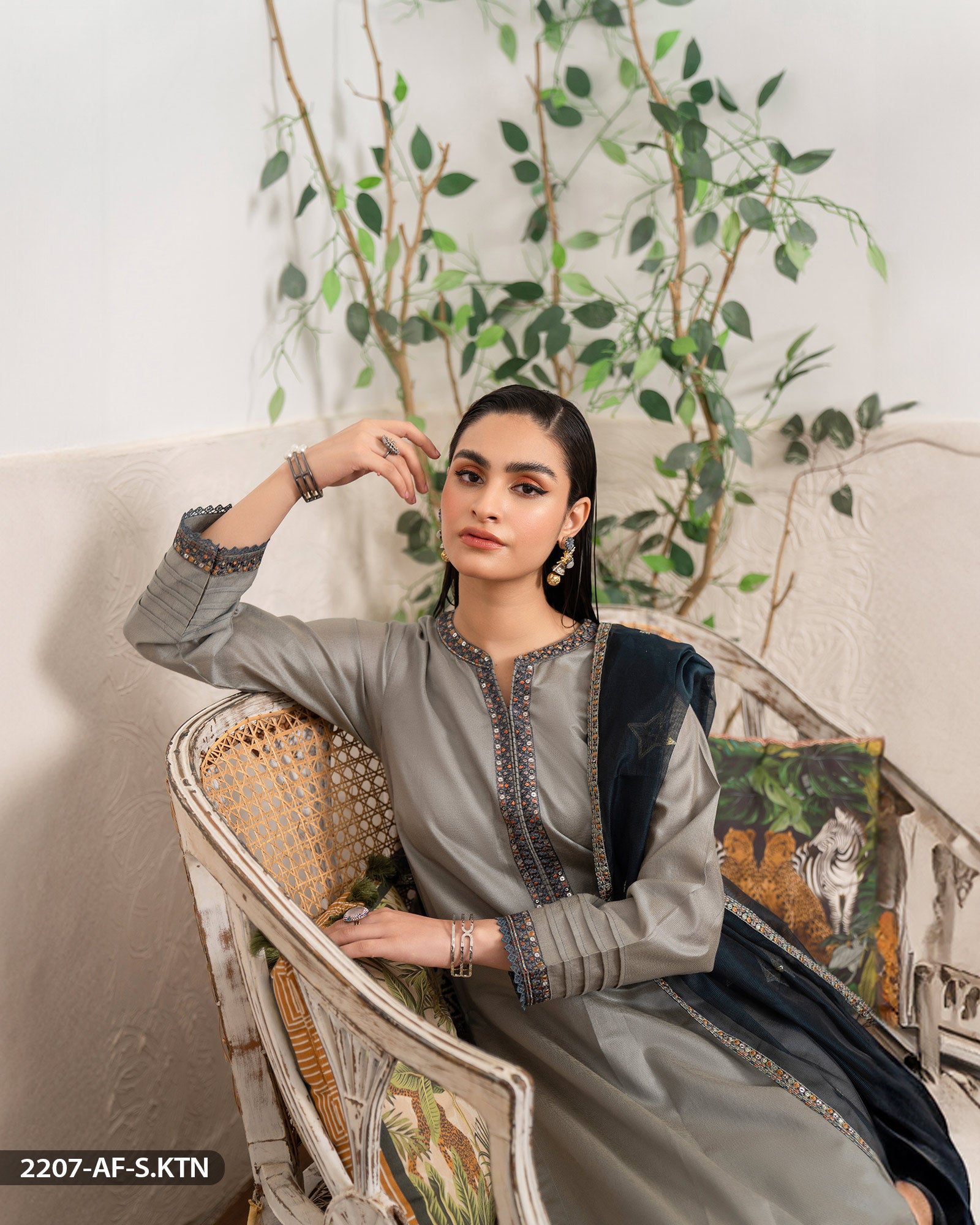 Chambray Katan Embroidered Suit