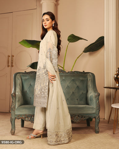 Embroidered Grey Organza Suit