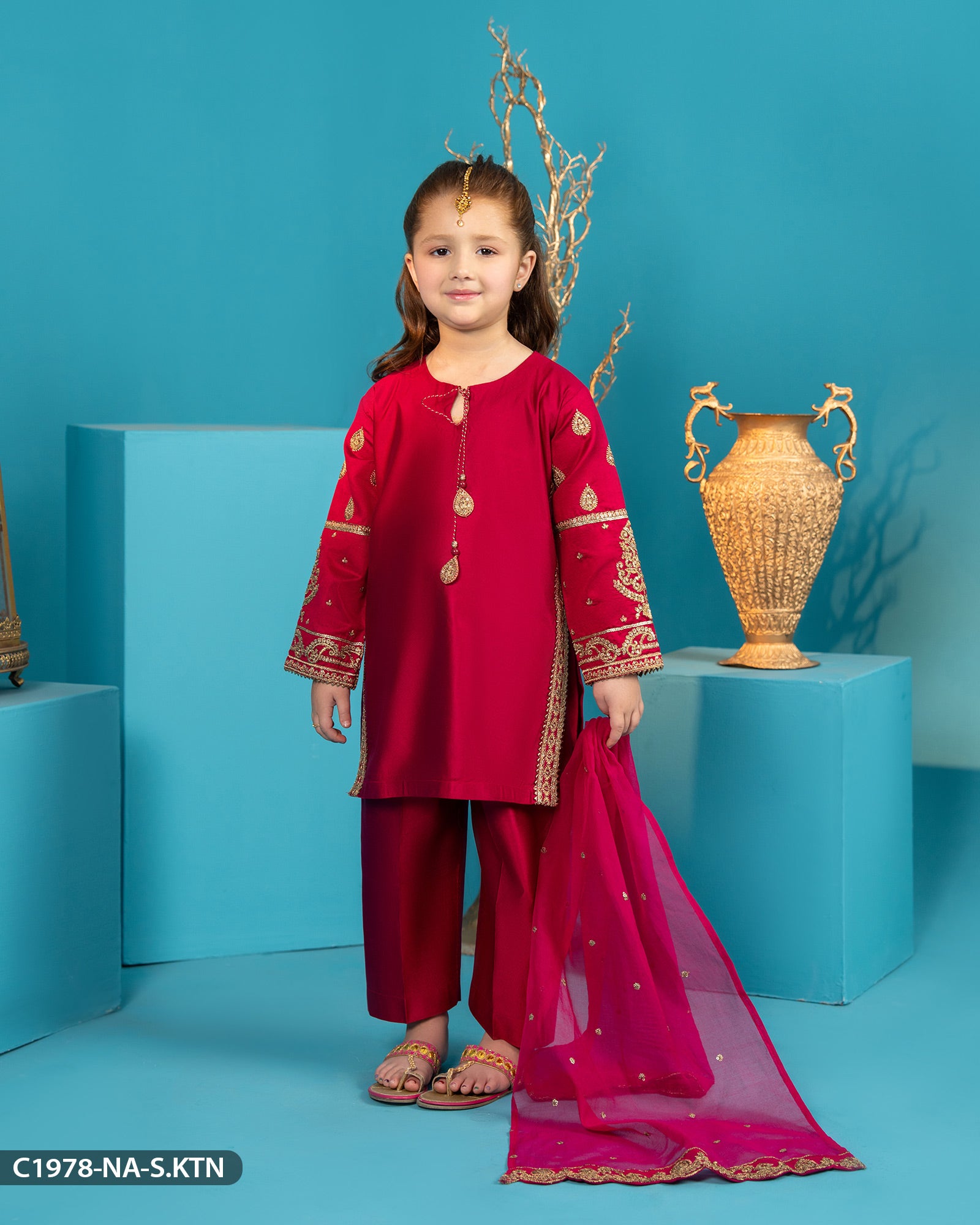 Kids Chambray Katan Embroidered Suit