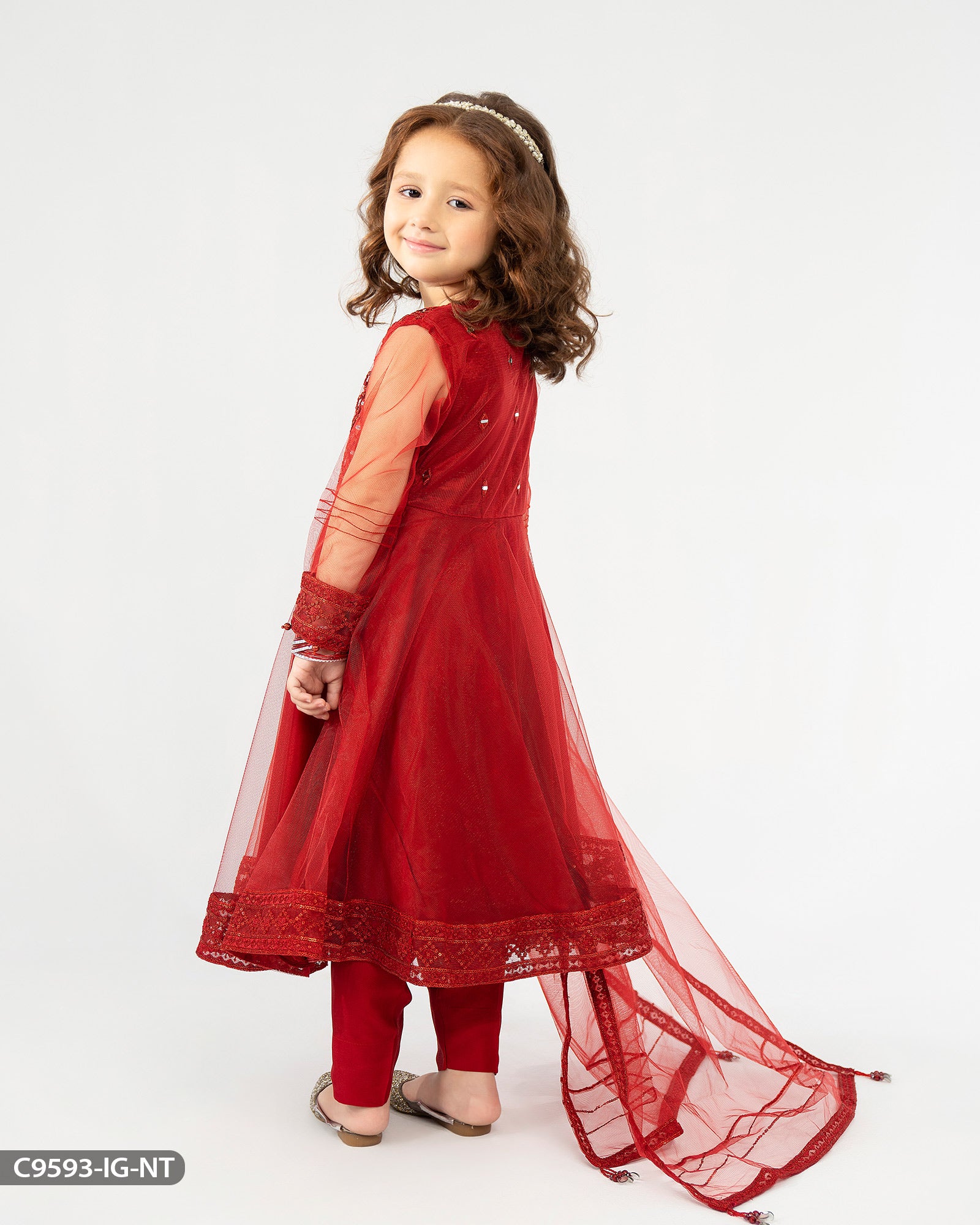 Kids 3 Piece Net Embroidered Frock