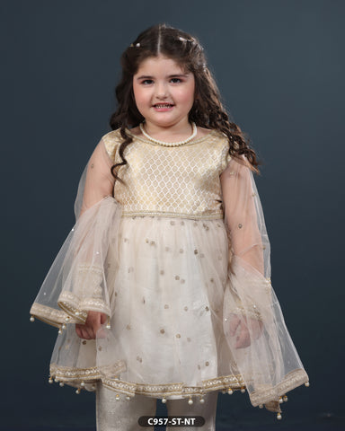 Formal Kids 3 Piece Frock Style Embroidered (Stitched)