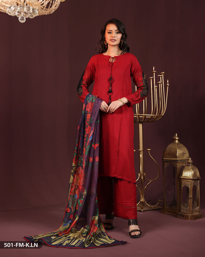 3 Piece Karandi Linen Embroidered Suit | 501-FM-K.LN