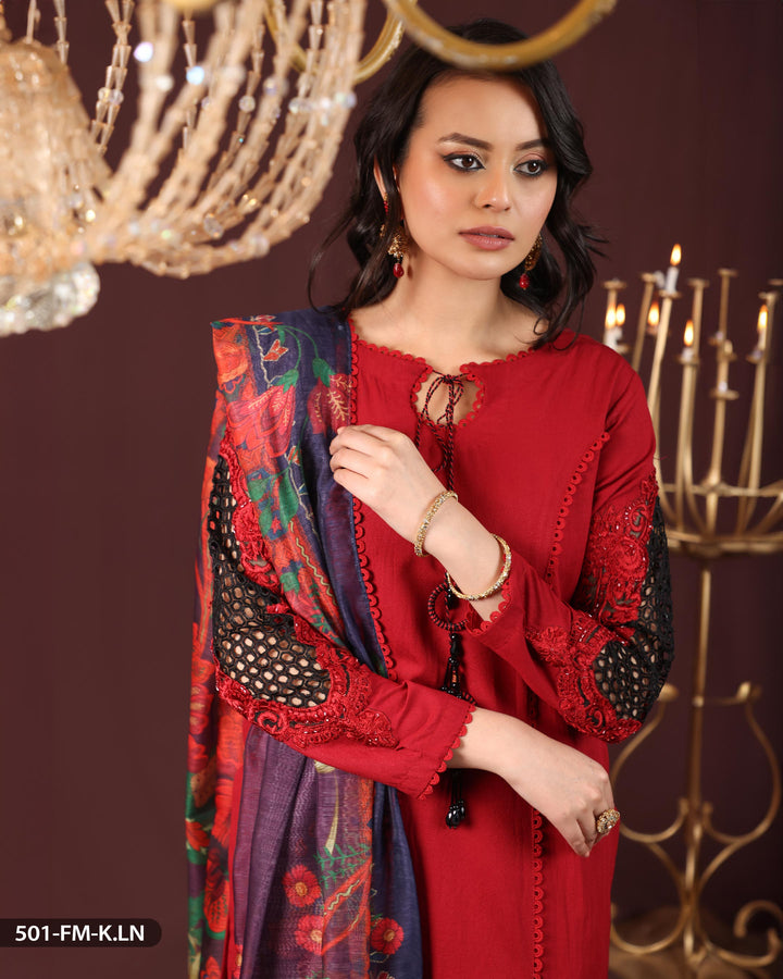 3 Piece Karandi Linen Embroidered Suit | 501-FM-K.LN