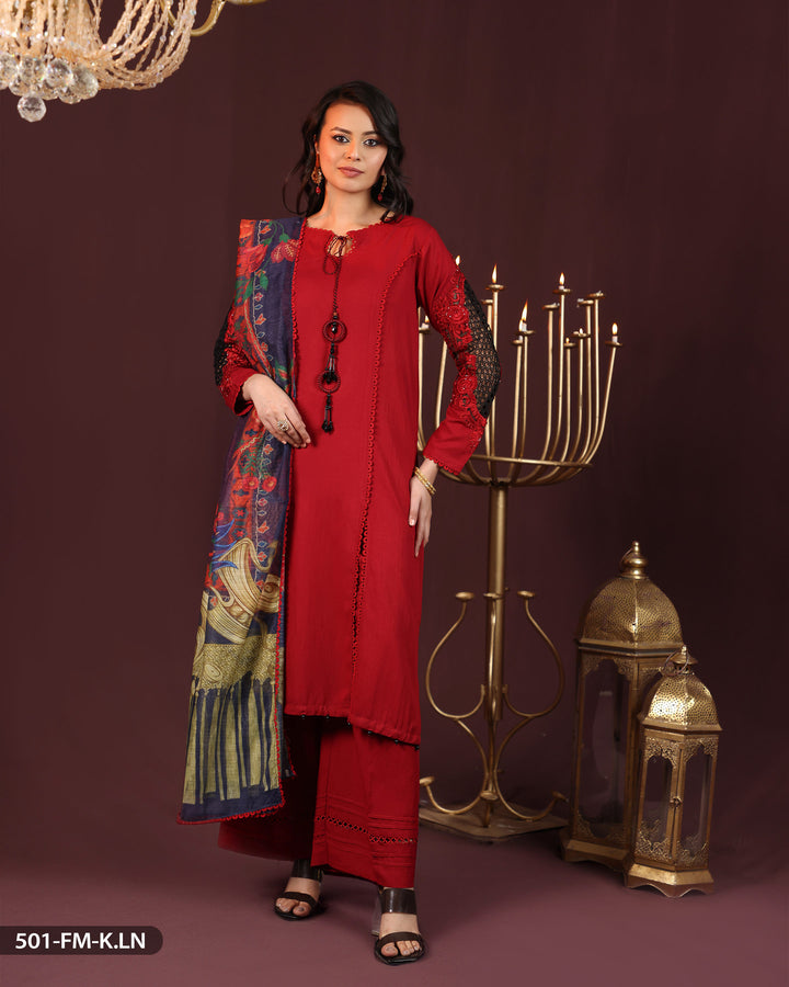 3 Piece Karandi Linen Embroidered Suit | 501-FM-K.LN