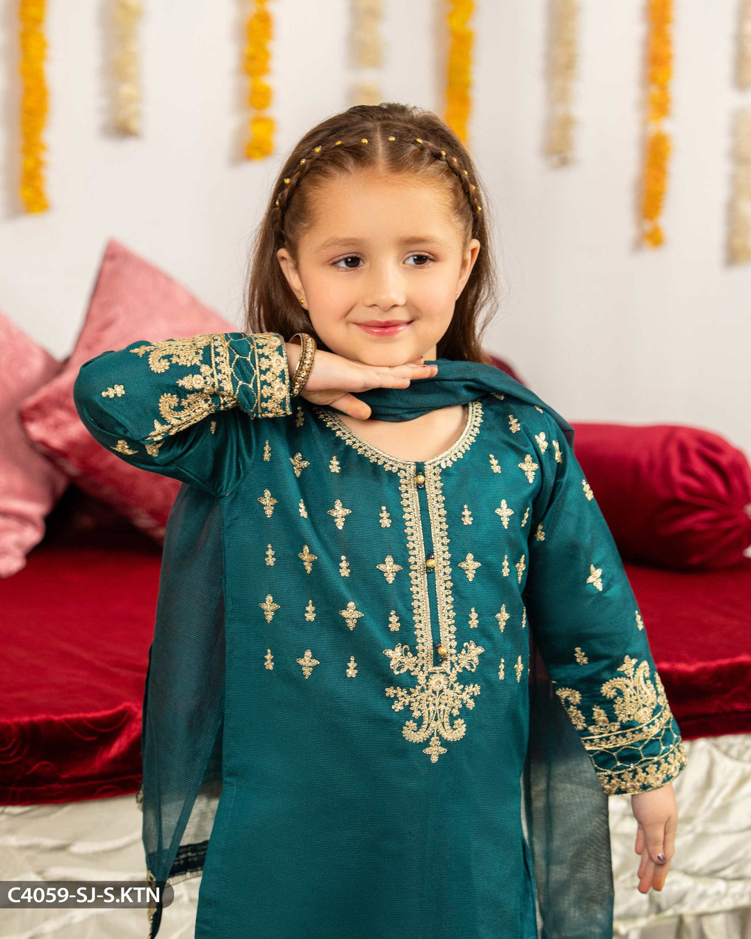 Kids Embroidered Chambray Katan Suit | 4059-SJ-S.KTN