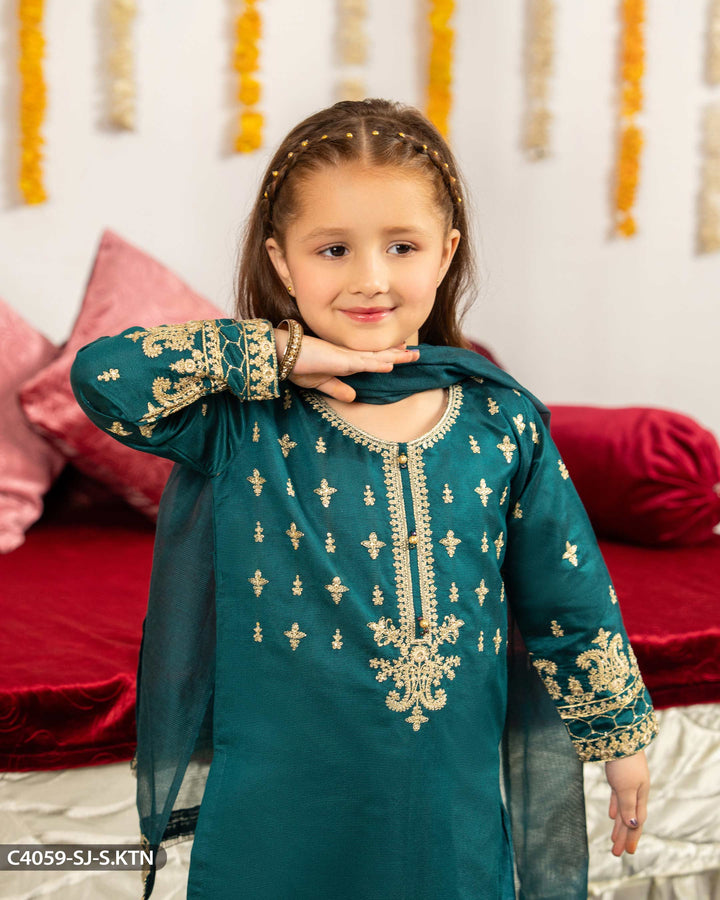 Kids Embroidered Chambray Katan Suit | 4059-SJ-S.KTN