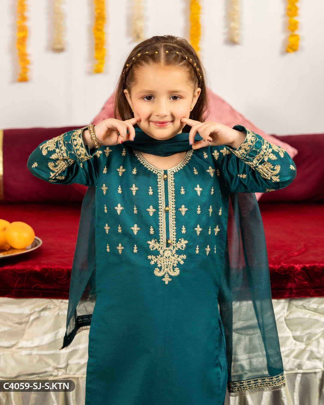 Kids Embroidered Chambray Katan Suit | 4059-SJ-S.KTN