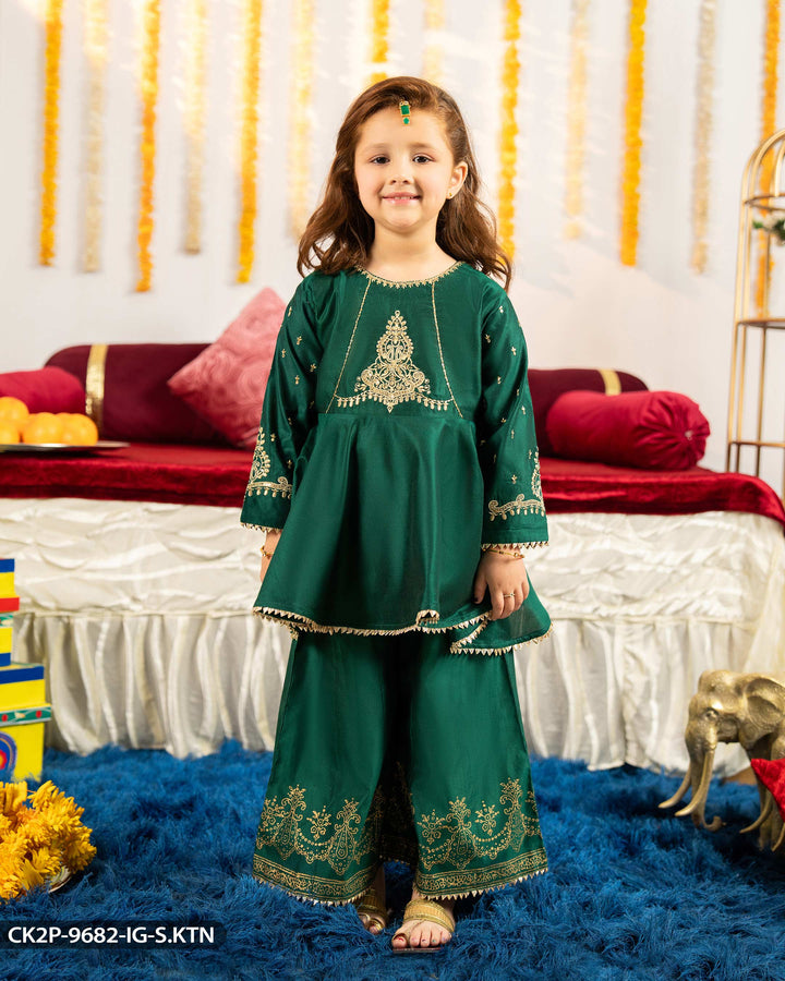 Kids Embroidered Chambray Katan Suit | 9682-IG-S.KTN