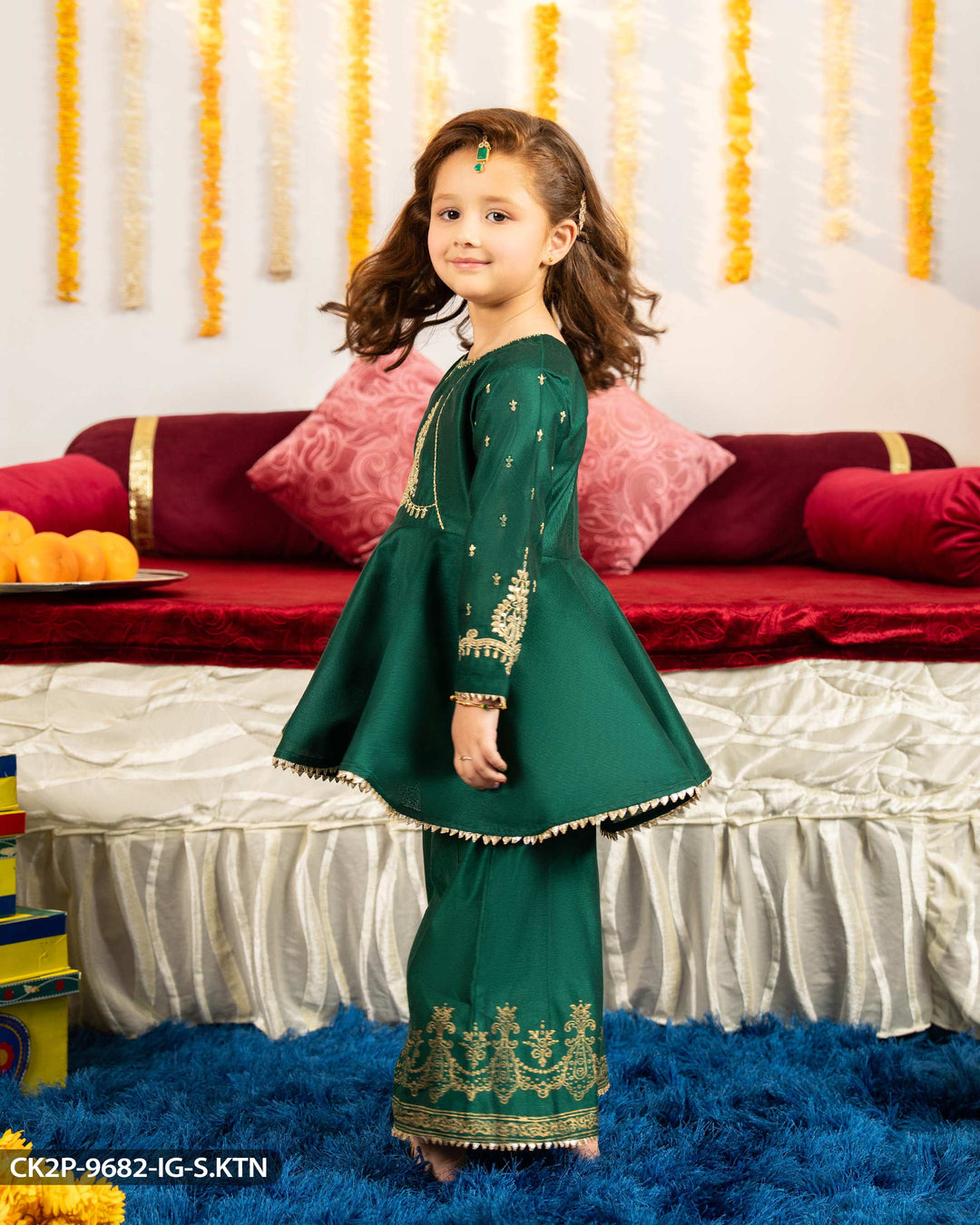 Kids Embroidered Chambray Katan Suit | 9682-IG-S.KTN