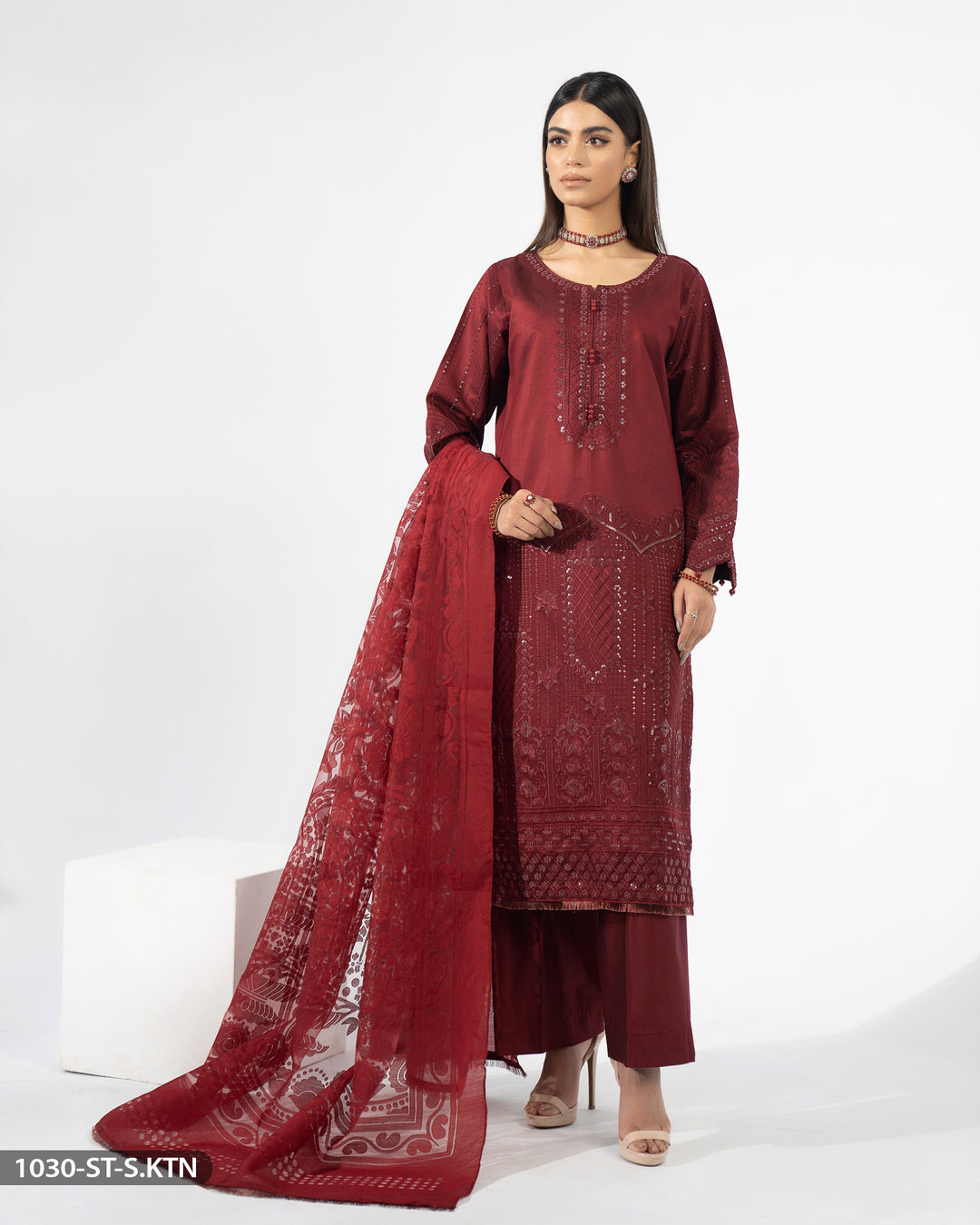 Stitched 3 Piece Embroidered Suit | 1030-ST-S.KTN