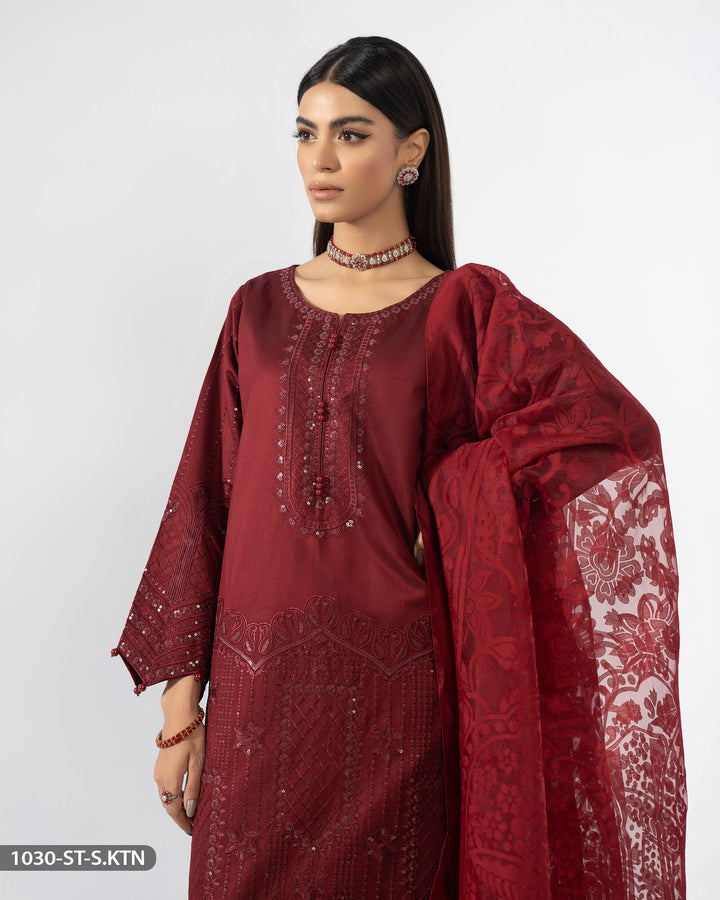 Stitched 3 Piece Embroidered Suit | 1030-ST-S.KTN