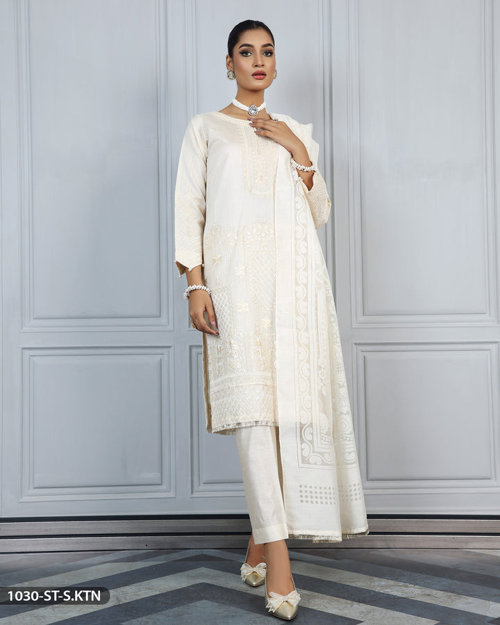 Stitched 3 Piece Embroidered Suit | 1030-ST-S.KTN