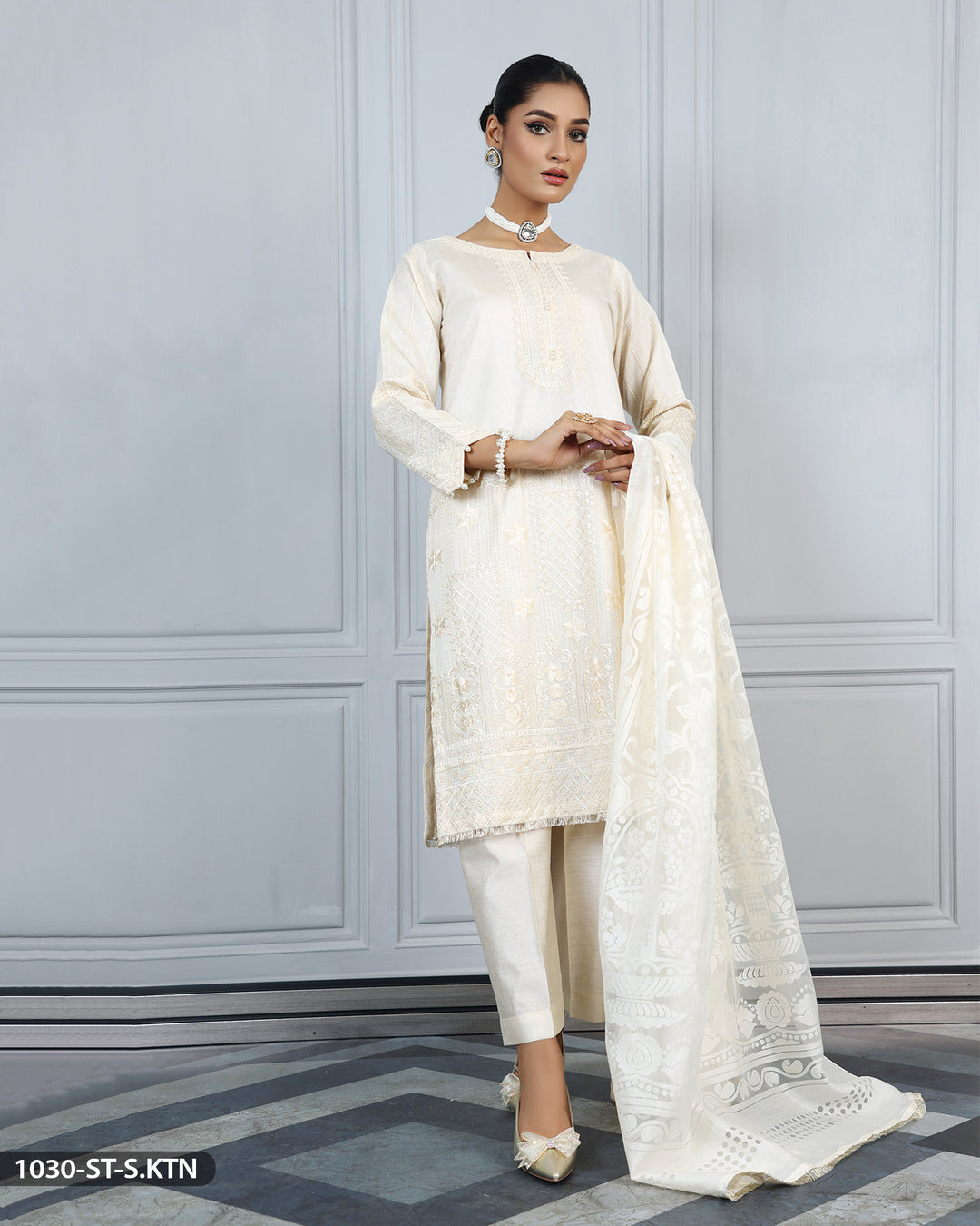 Stitched 3 Piece Embroidered Suit | 1030-ST-S.KTN