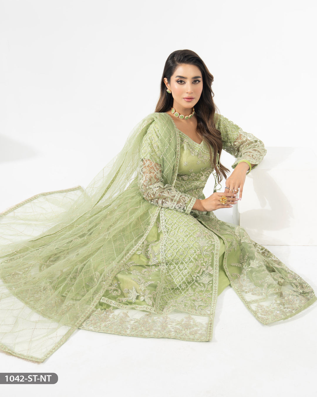 Stitched 3 Piece Net Embroidered Maxi | 1042-ST-NT