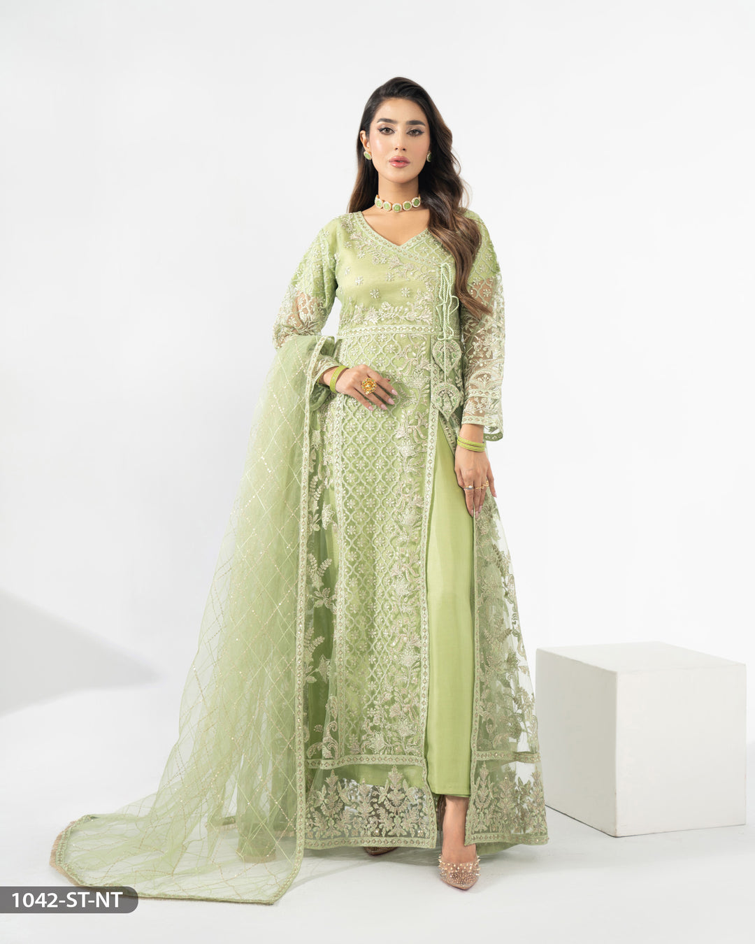 Stitched 3 Piece Net Embroidered Maxi | 1042-ST-NT