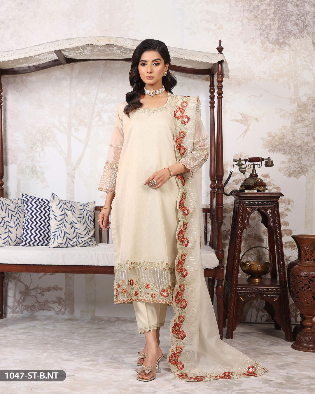 3 Piece Net Embroidered Suit | 1047-ST-B.NET