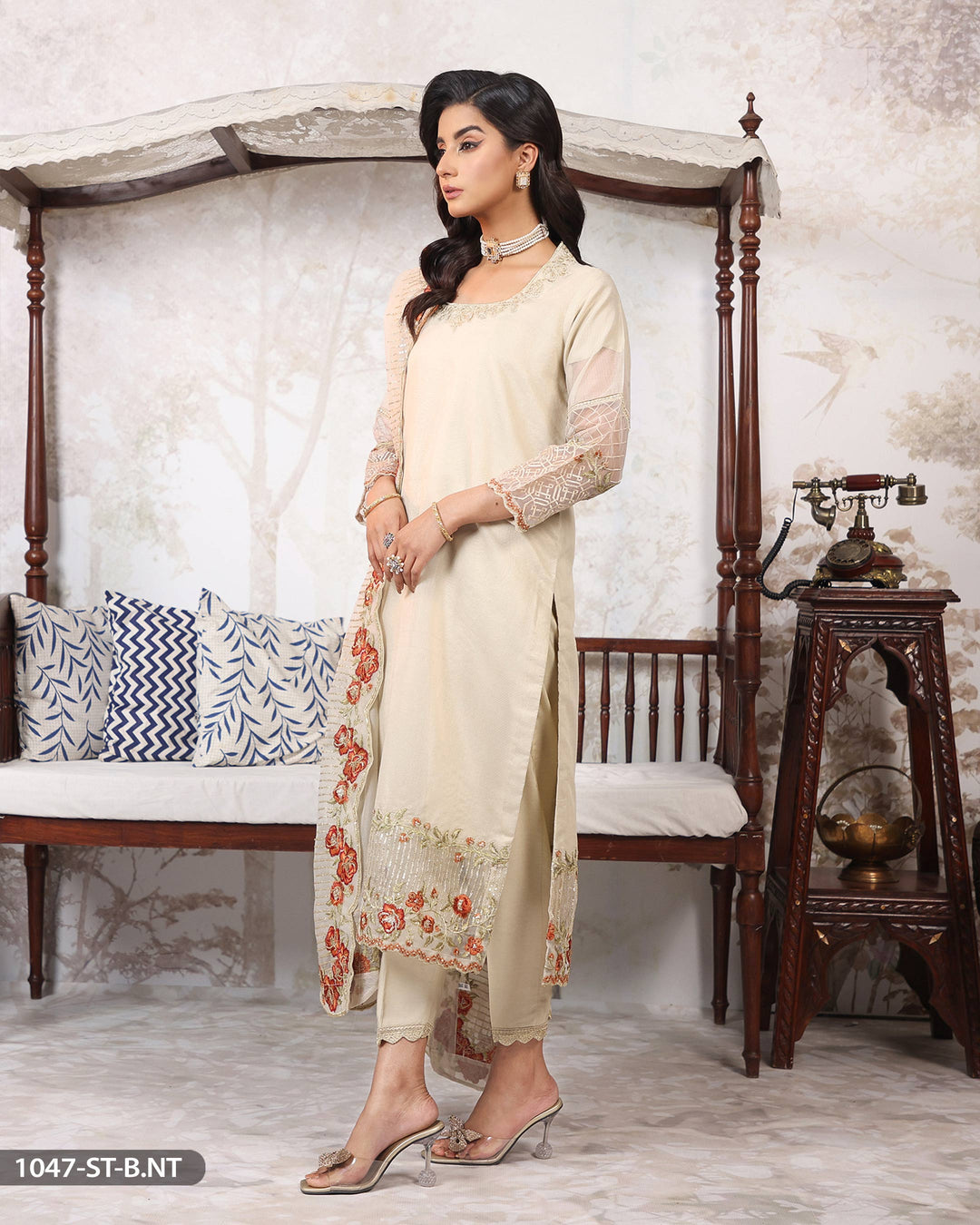 3 Piece Net Embroidered Suit | 1047-ST-B.NET