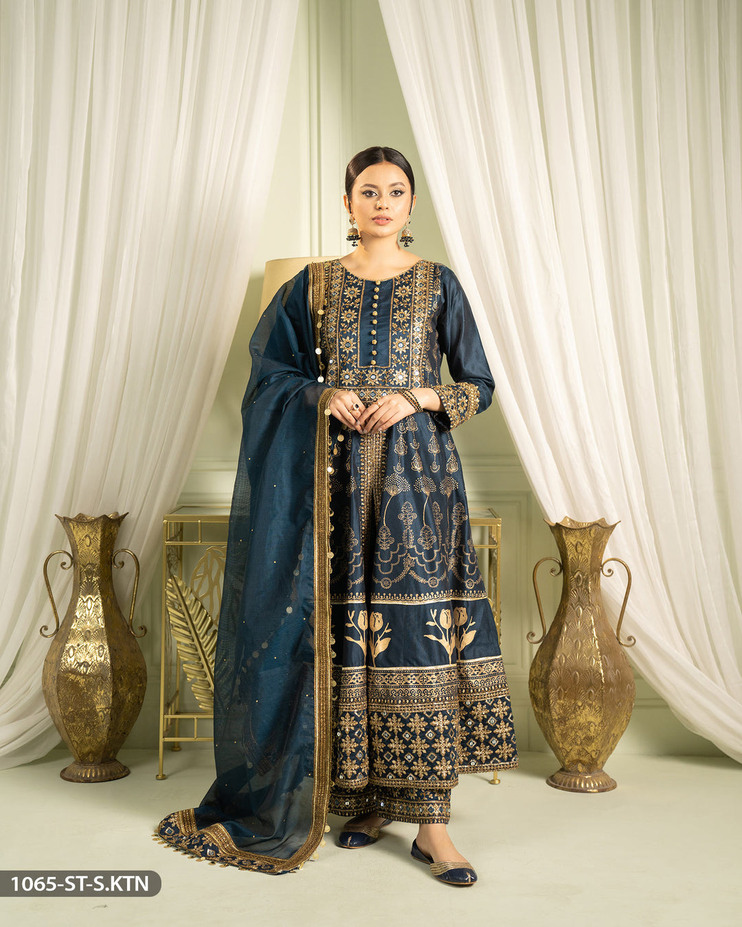 3 Piece Chambray Katan Embroidered Frock | 1065-ST-S.KTN