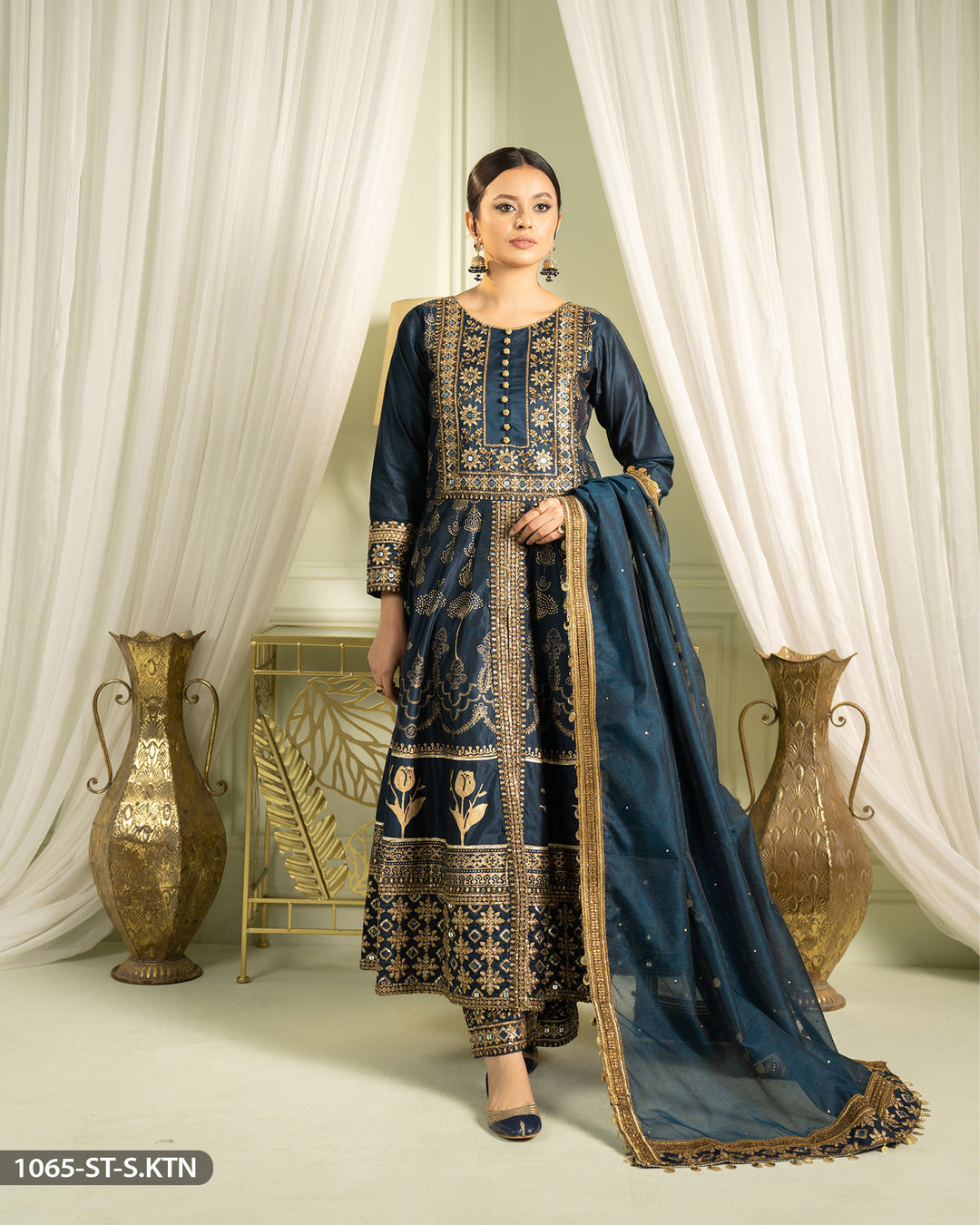 3 Piece Chambray Katan Embroidered Frock | 1065-ST-S.KTN