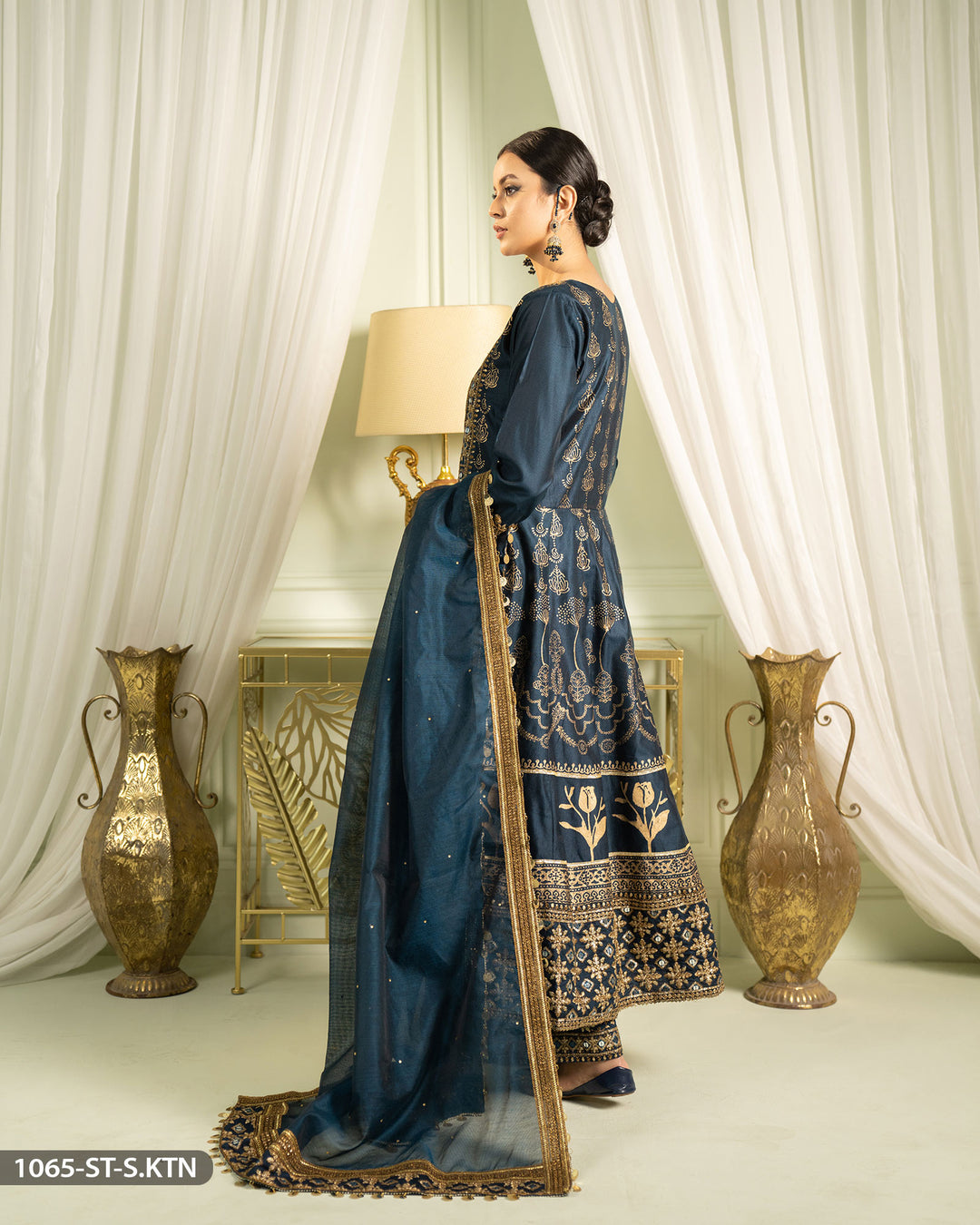 3 Piece Chambray Katan Embroidered Frock | 1065-ST-S.KTN