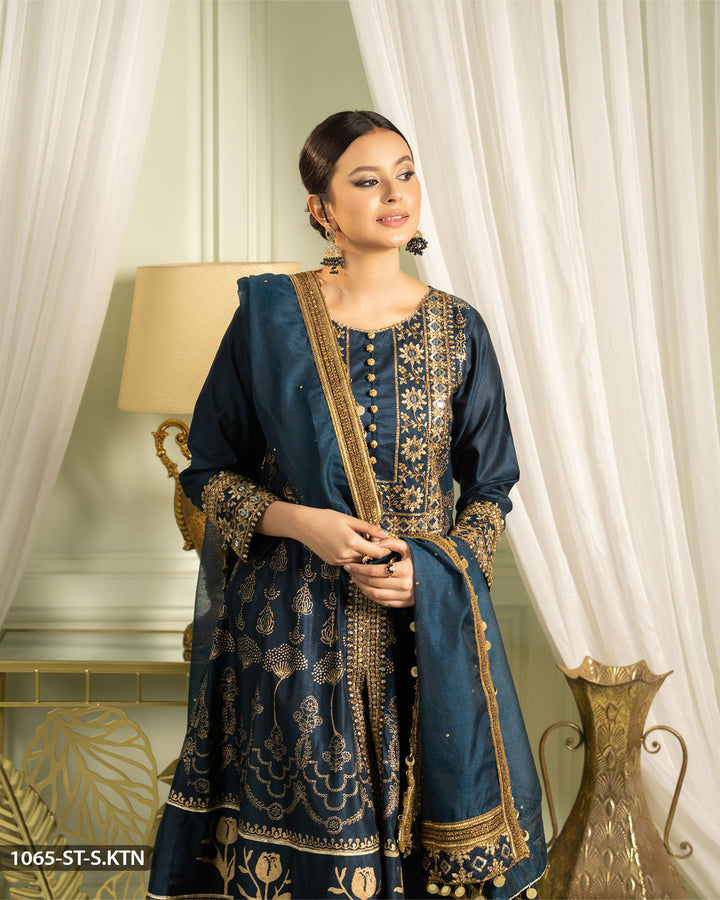 3 Piece Chambray Katan Embroidered Frock | 1065-ST-S.KTN