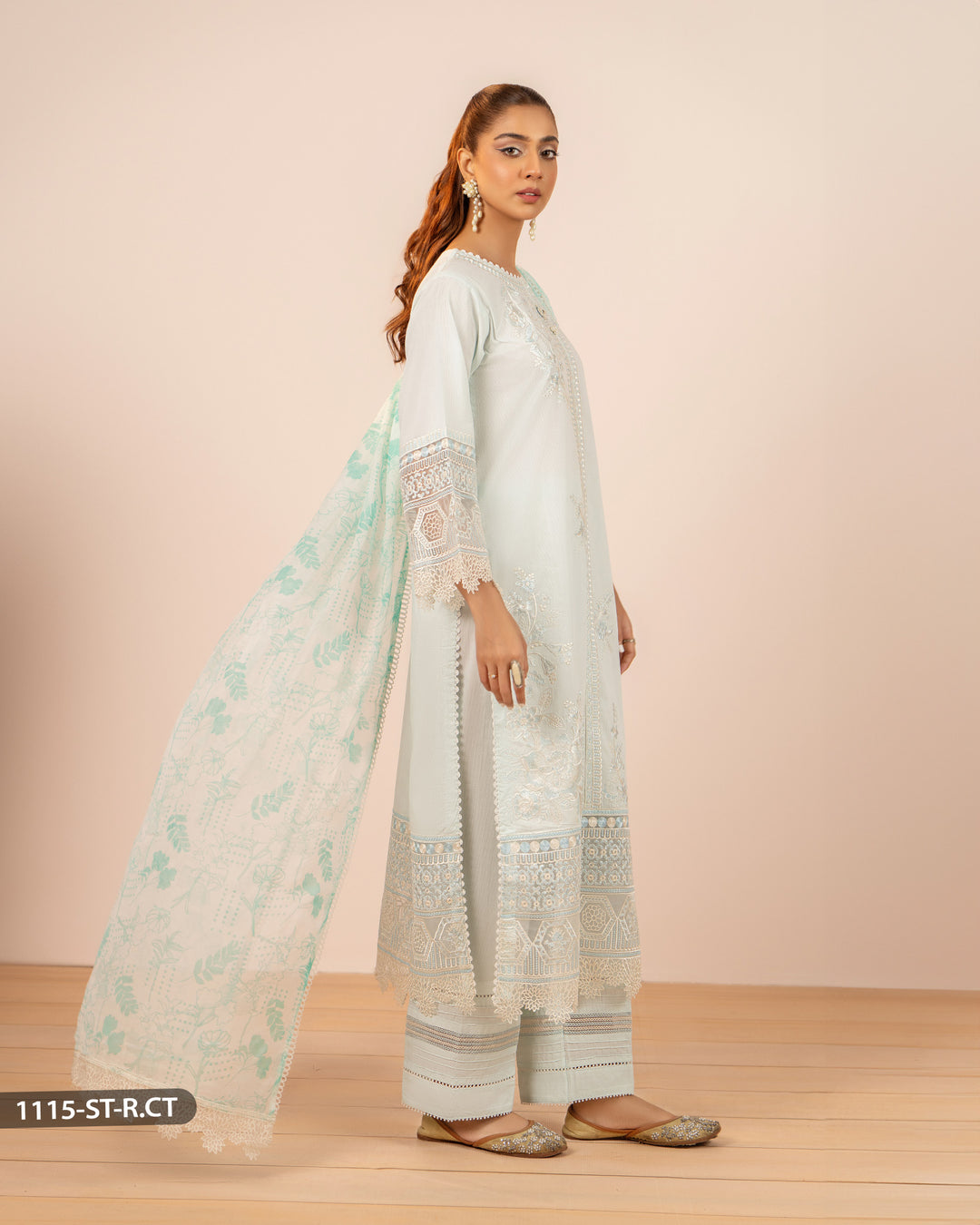 3 Piece Embroidered Cotton Suit | 1115-ST-R.CT