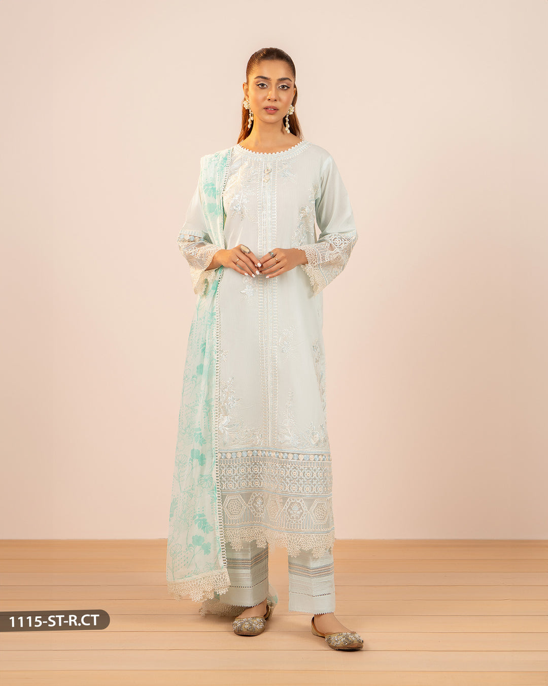 3 Piece Embroidered Cotton Suit | 1115-ST-R.CT