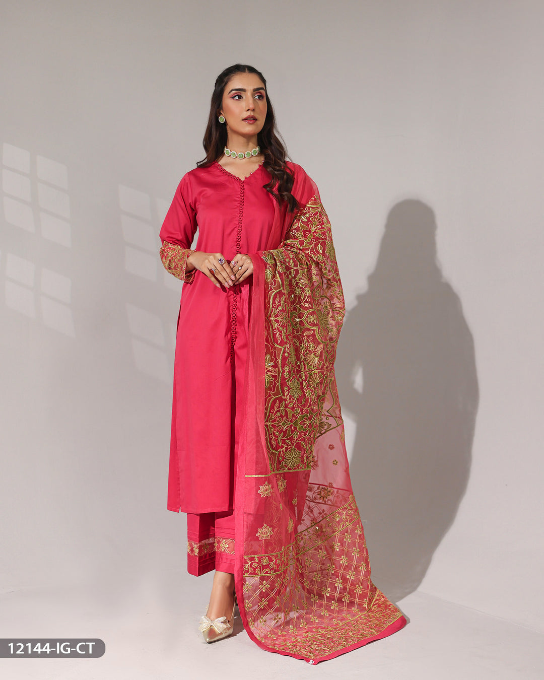 3 Piece Cotton Satin Embroidered Suit | 12144-IG-CT.ST