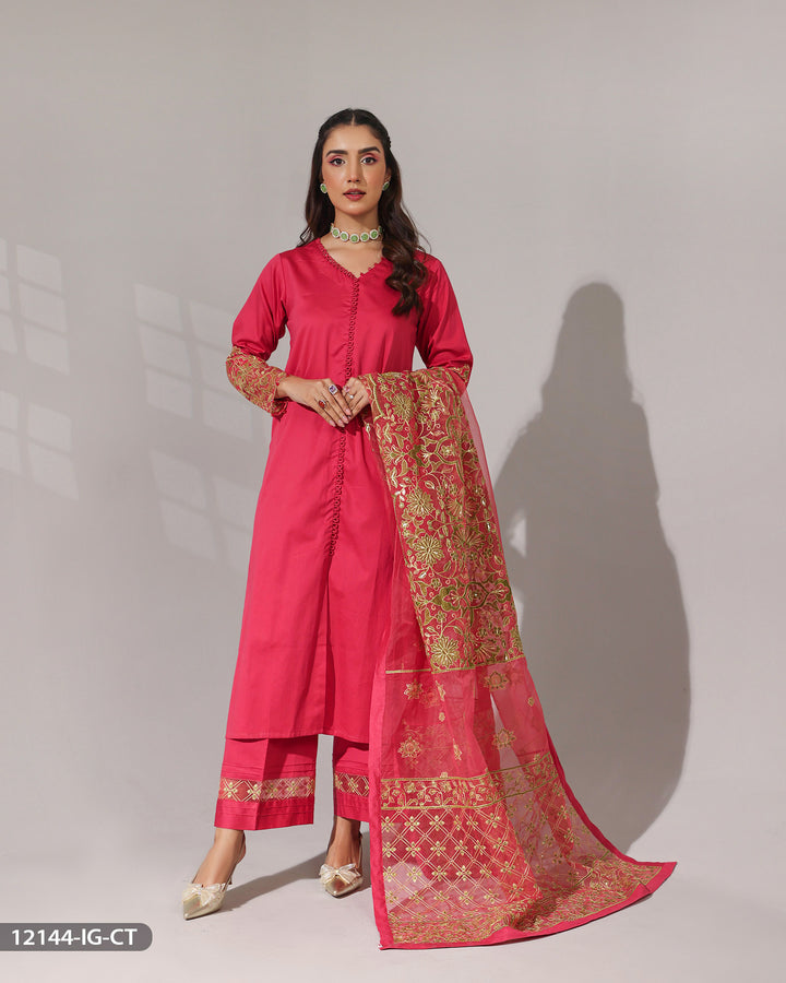 3 Piece Cotton Satin Embroidered Suit | 12144-IG-CT.ST