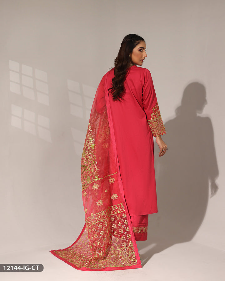 3 Piece Cotton Satin Embroidered Suit | 12144-IG-CT.ST