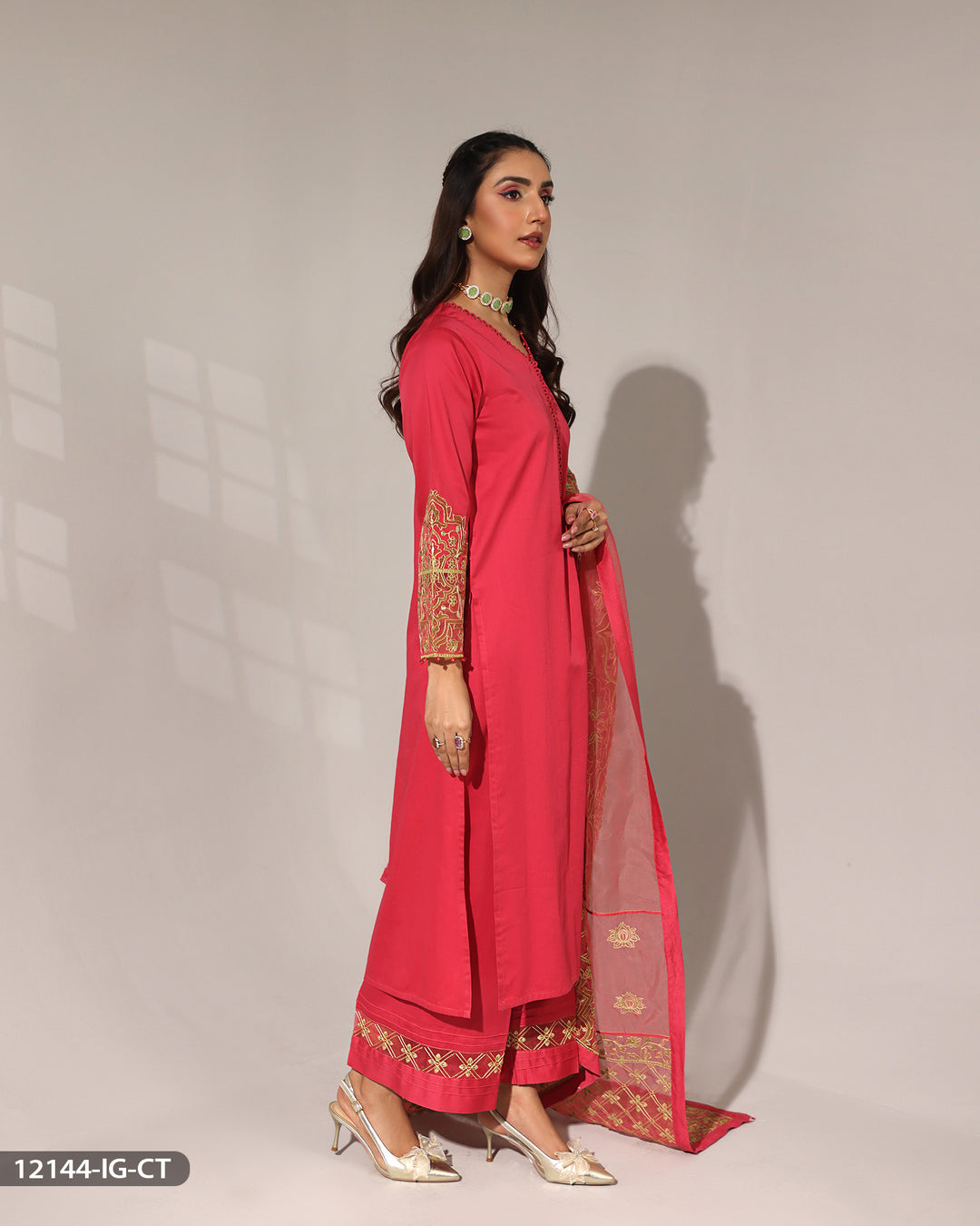 3 Piece Cotton Satin Embroidered Suit | 12144-IG-CT.ST