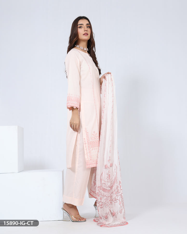 Stitched 3 Piece Embroidered Cotton Suit | 15890-IG-R.CT