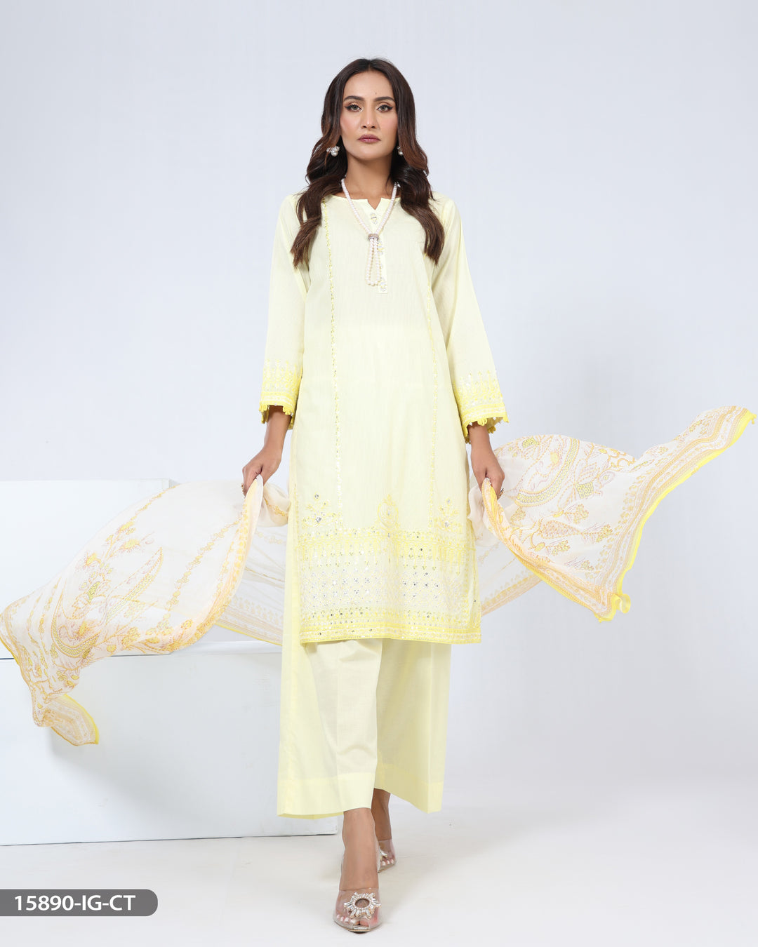 Stitched 3 Piece Embroidered Cotton Suit | 15890-IG-R.CT