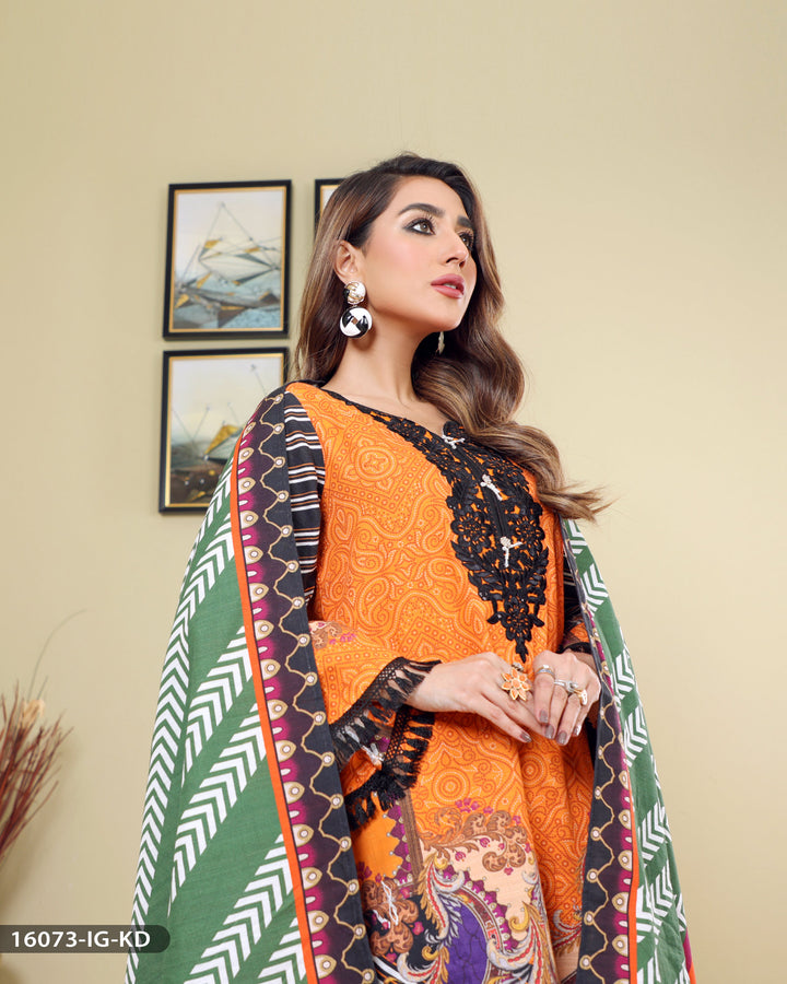 Embroidered & Printed 3 Piece Khaddar Suit | 16073-IG-KD