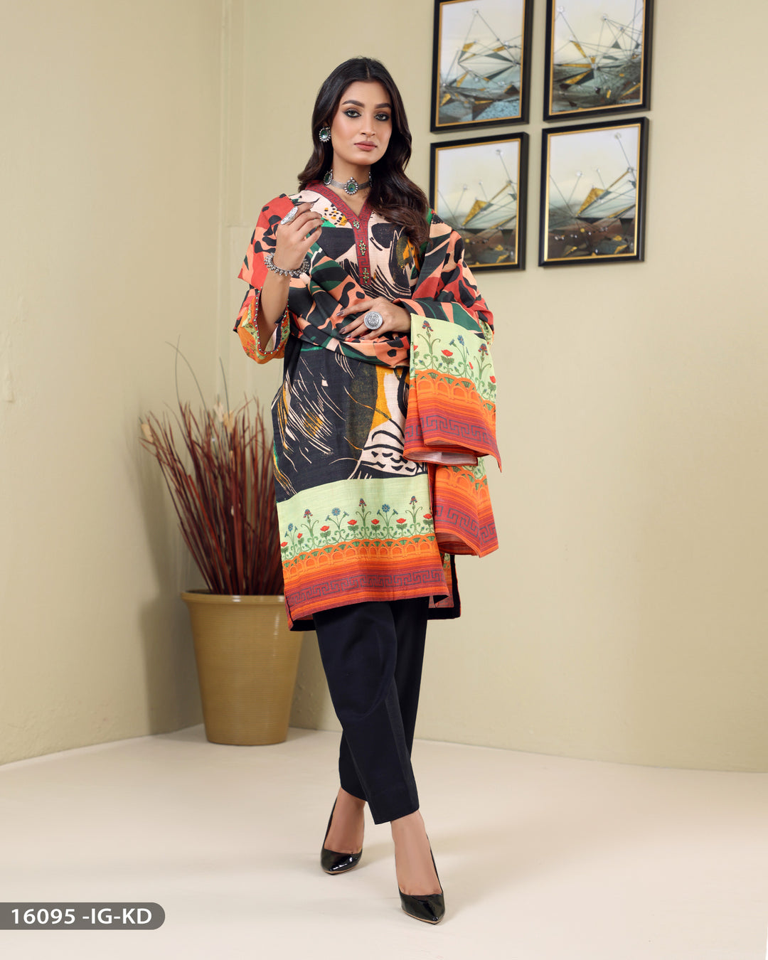 Three Piece Khadar Printed-Suit | 16095-IG-KD