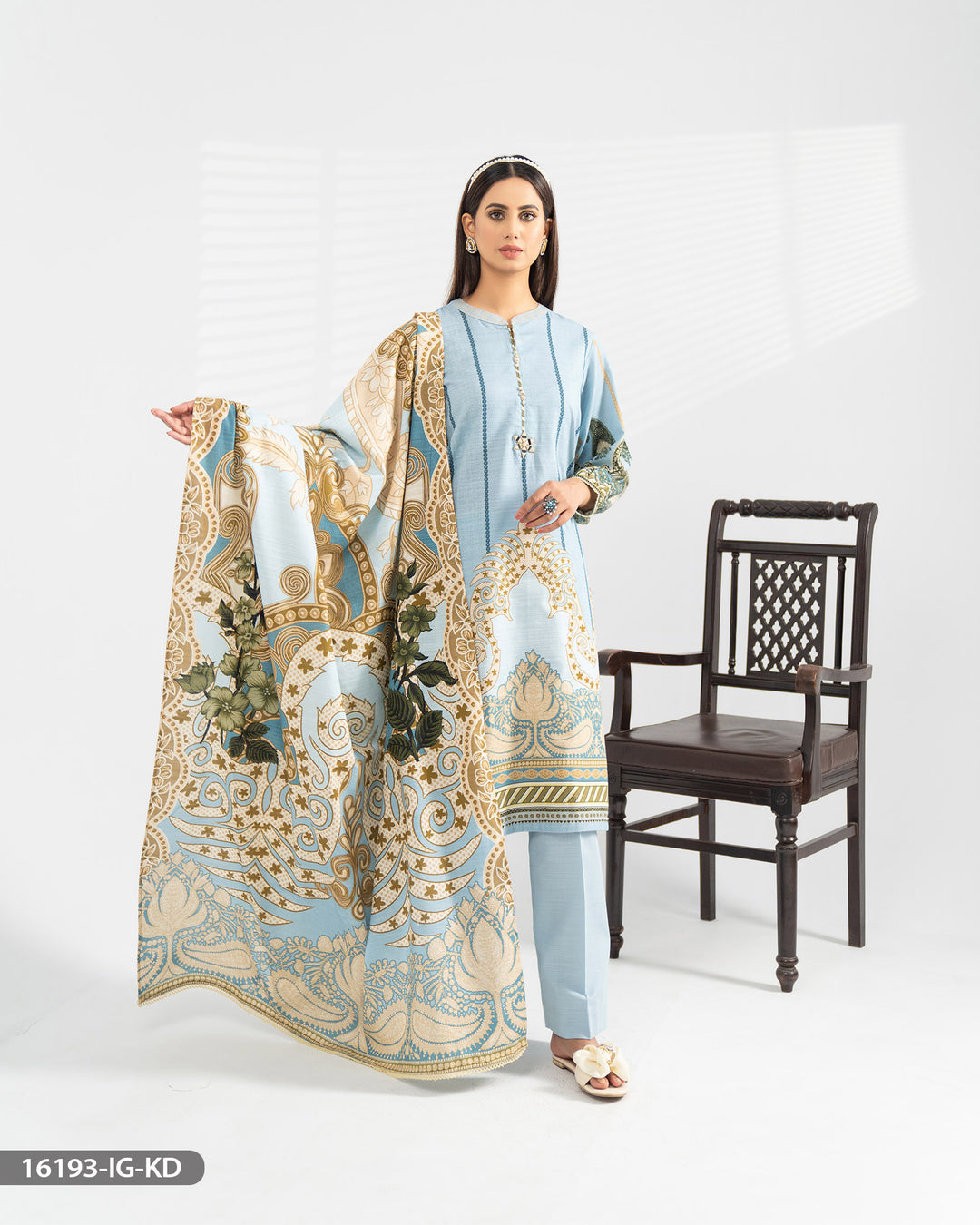 Stitched 3 Piece Printed Khaddar Suit | 16193-IG-KD