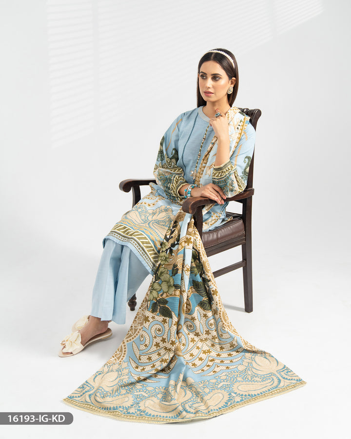 Stitched 3 Piece Printed Khaddar Suit | 16193-IG-KD