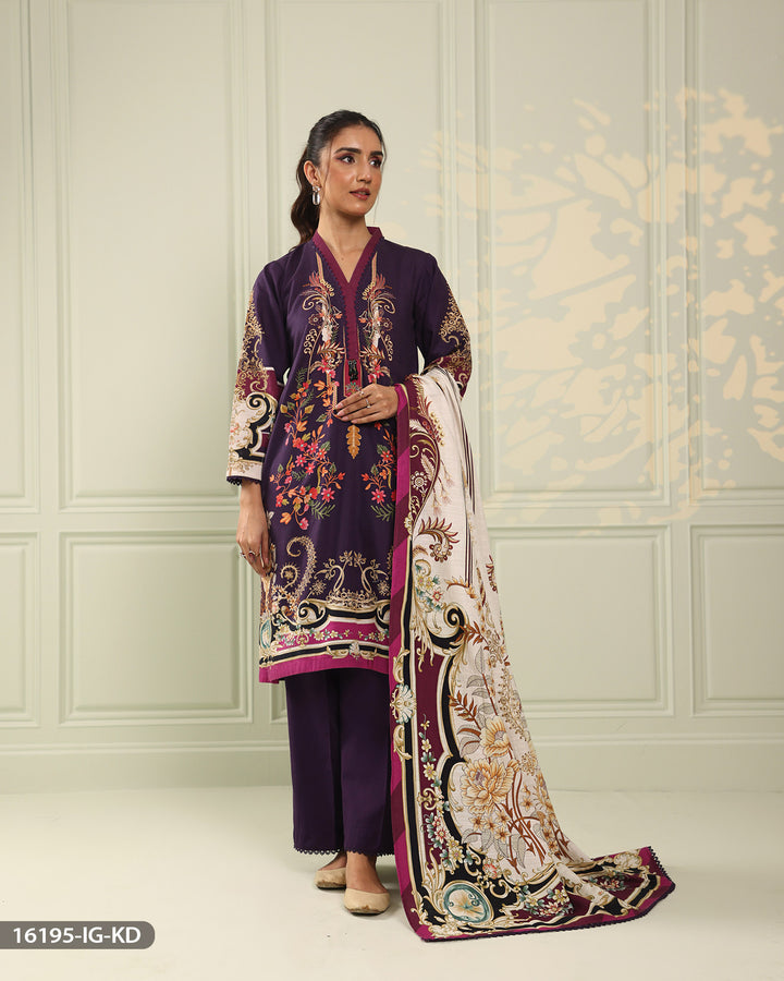 3 Piece Printed Khaddar Suit | 16195-IG-KD