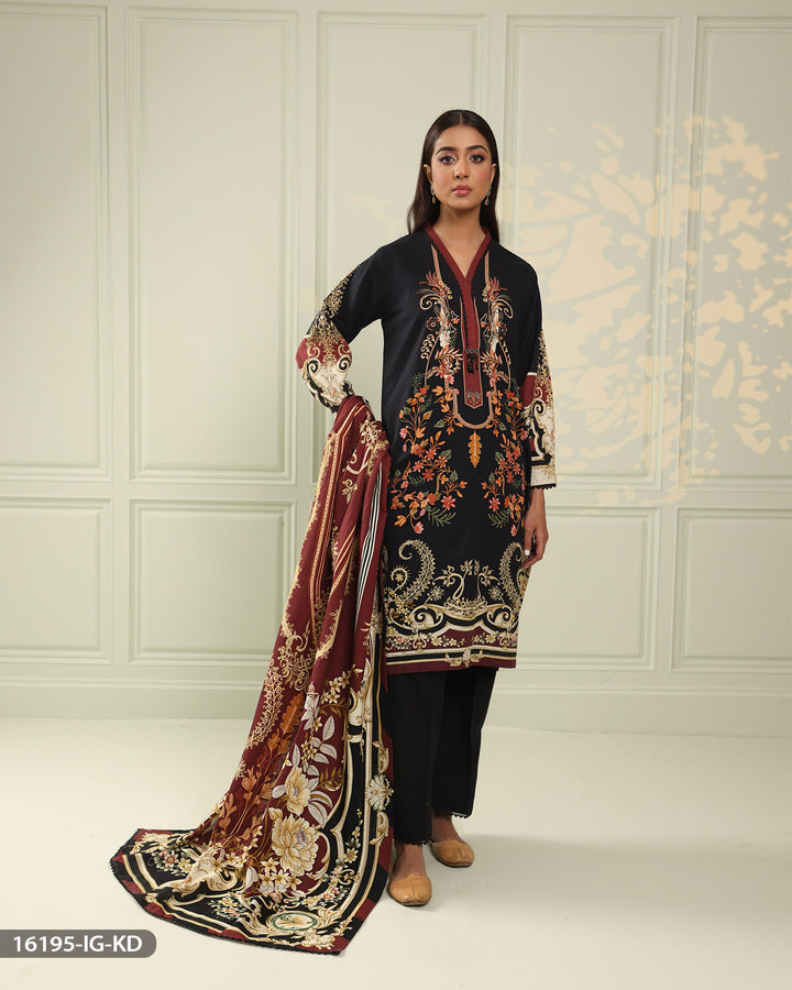 3 Piece Printed Khaddar Suit | 16195-IG-KD