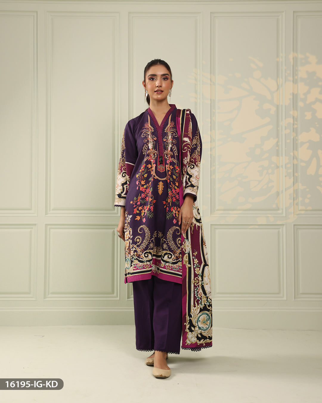 3 Piece Printed Khaddar Suit | 16195-IG-KD