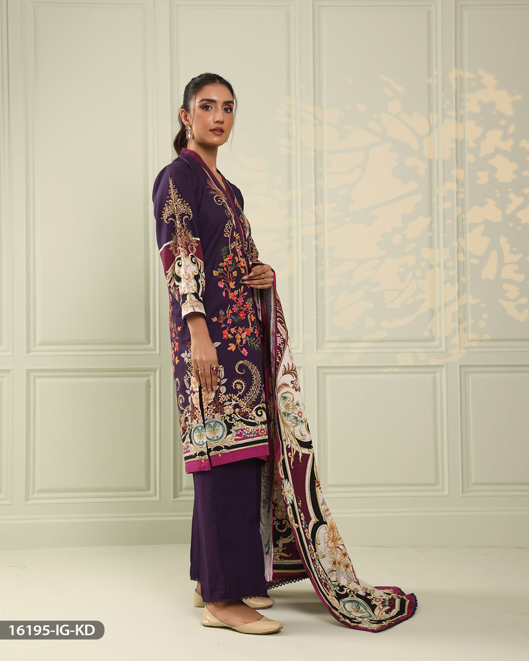 3 Piece Printed Khaddar Suit | 16195-IG-KD