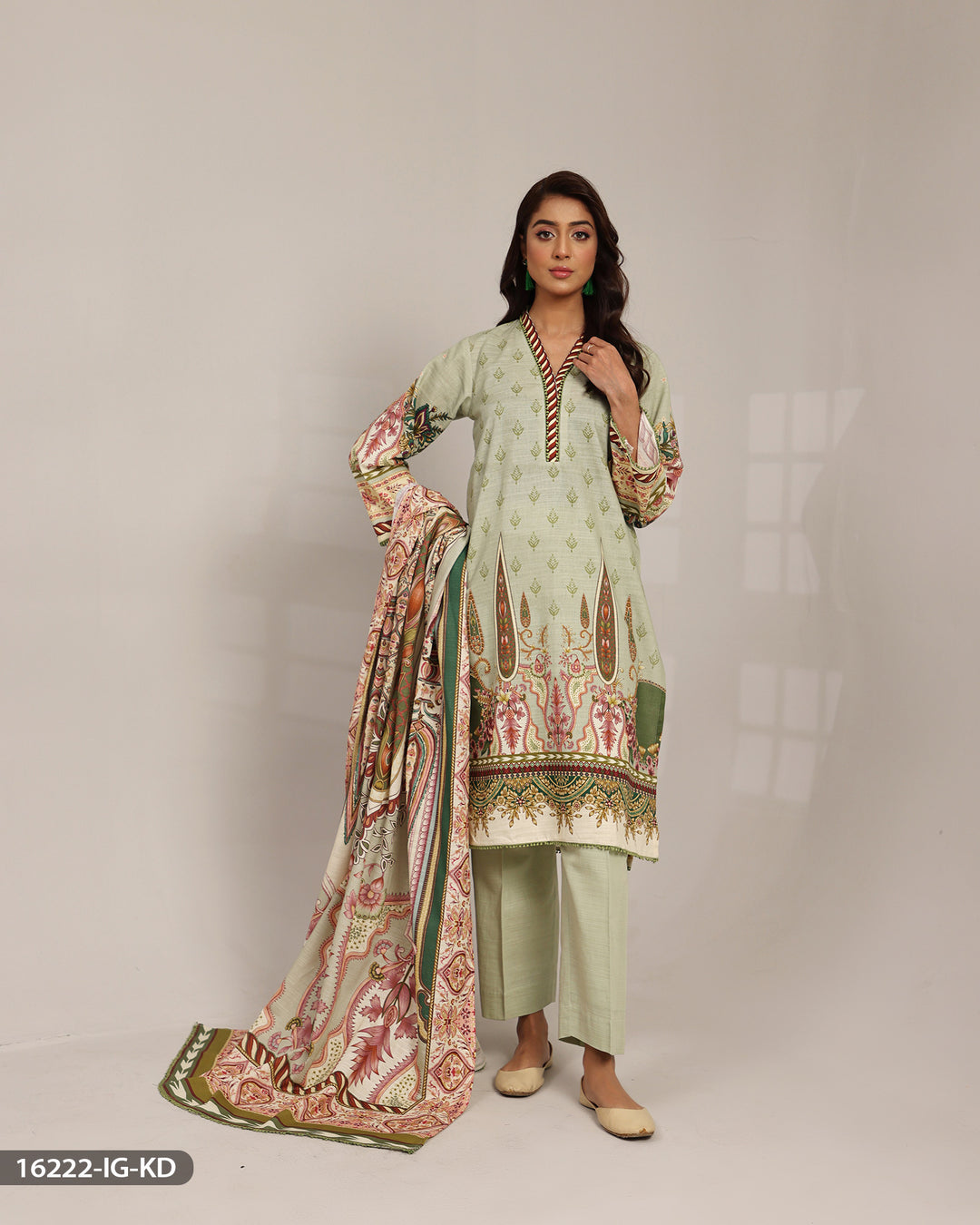 3 Piece Printed Khaddar Suit | 16222-IG-KD