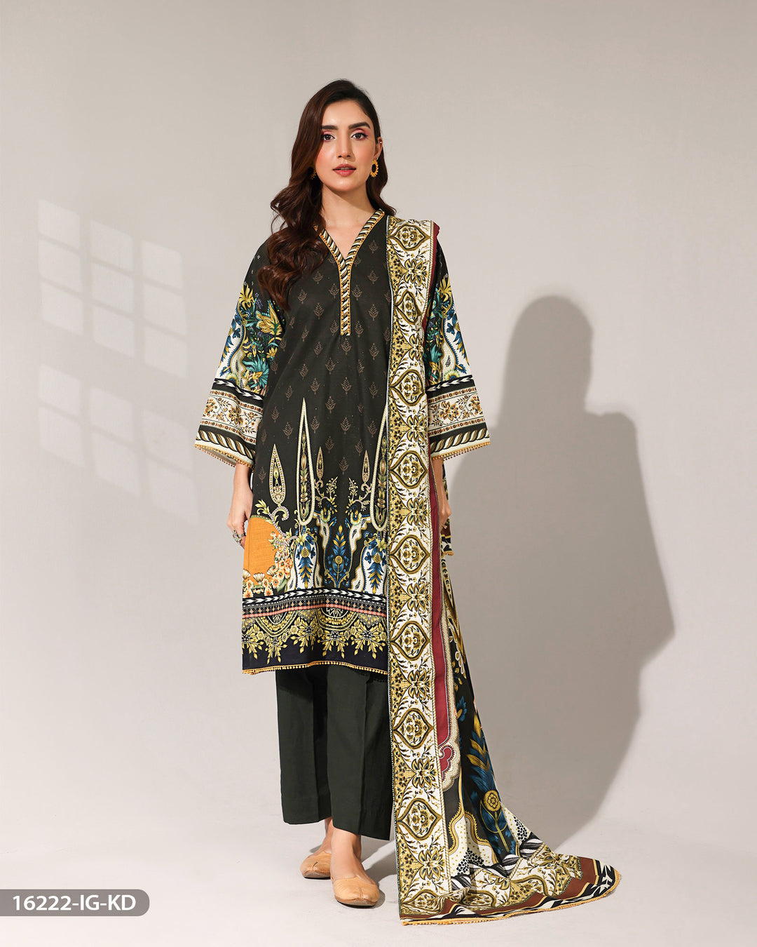 3 Piece Printed Khaddar Suit | 16222-IG-KD