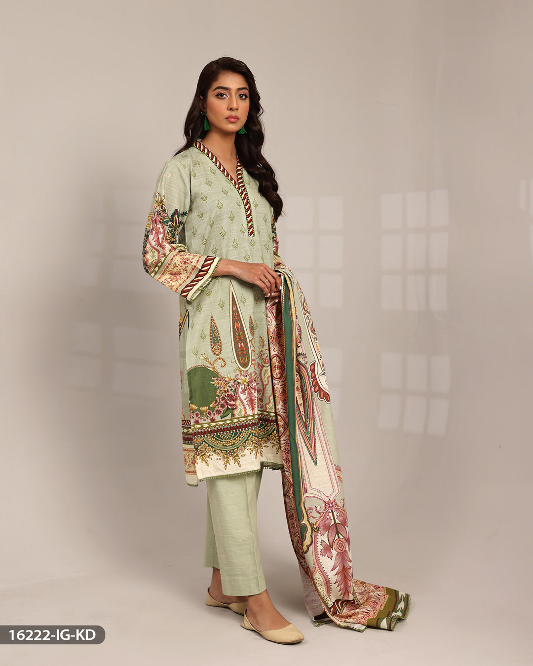 3 Piece Printed Khaddar Suit | 16222-IG-KD