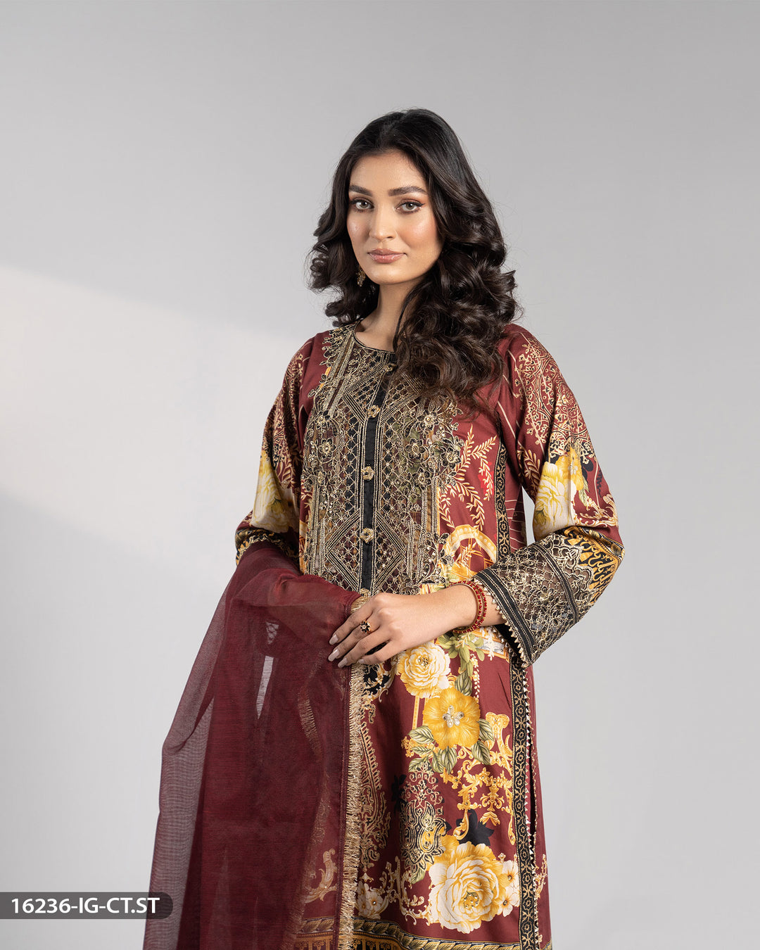 3 Piece Embroidered Cotton Satin Suit | 16236-IG-CT.ST