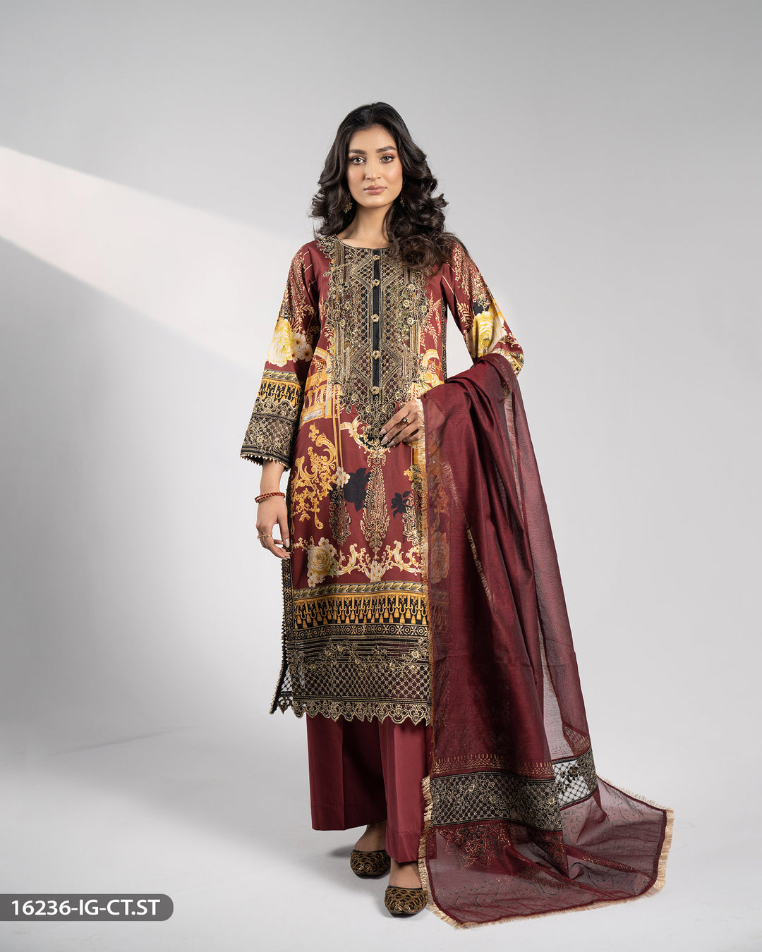 3 Piece Embroidered Cotton Satin Suit | 16236-IG-CT.ST