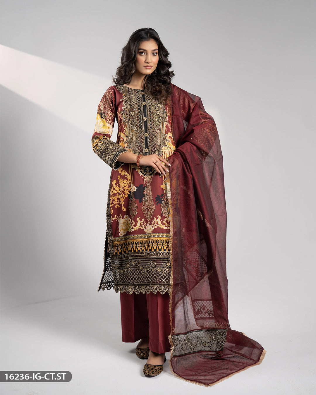 3 Piece Embroidered Cotton Satin Suit | 16236-IG-CT.ST