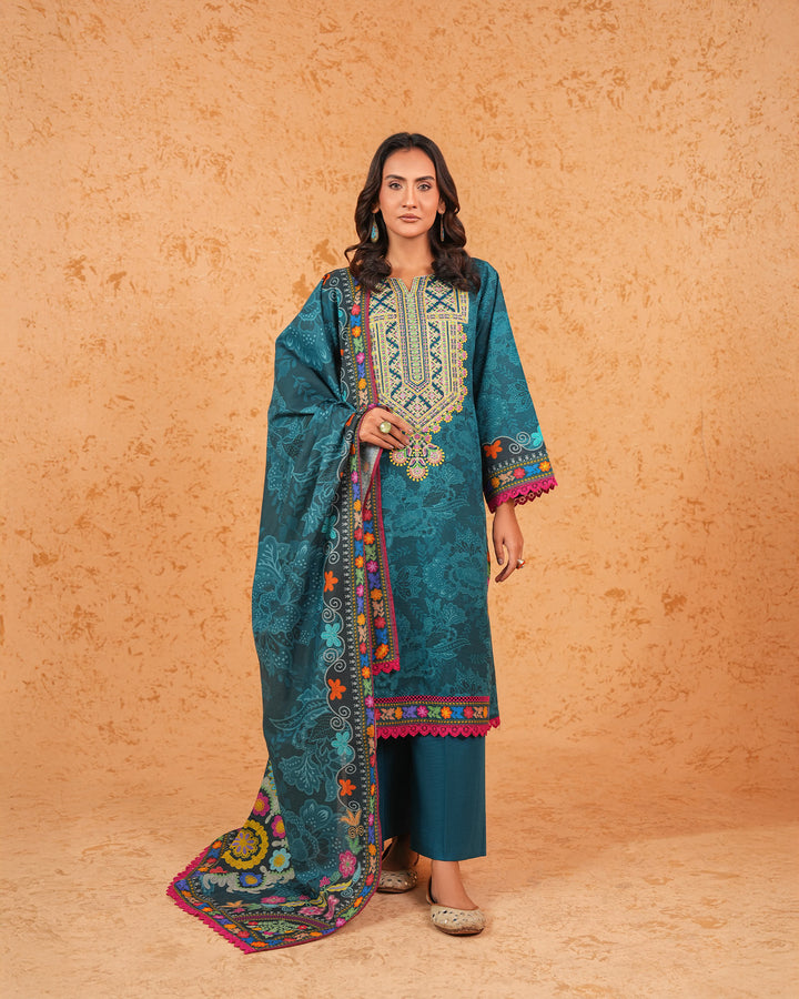 3 Piece - Embroidered Printed Khaddar Suit Unstitched | UNFF026-KD