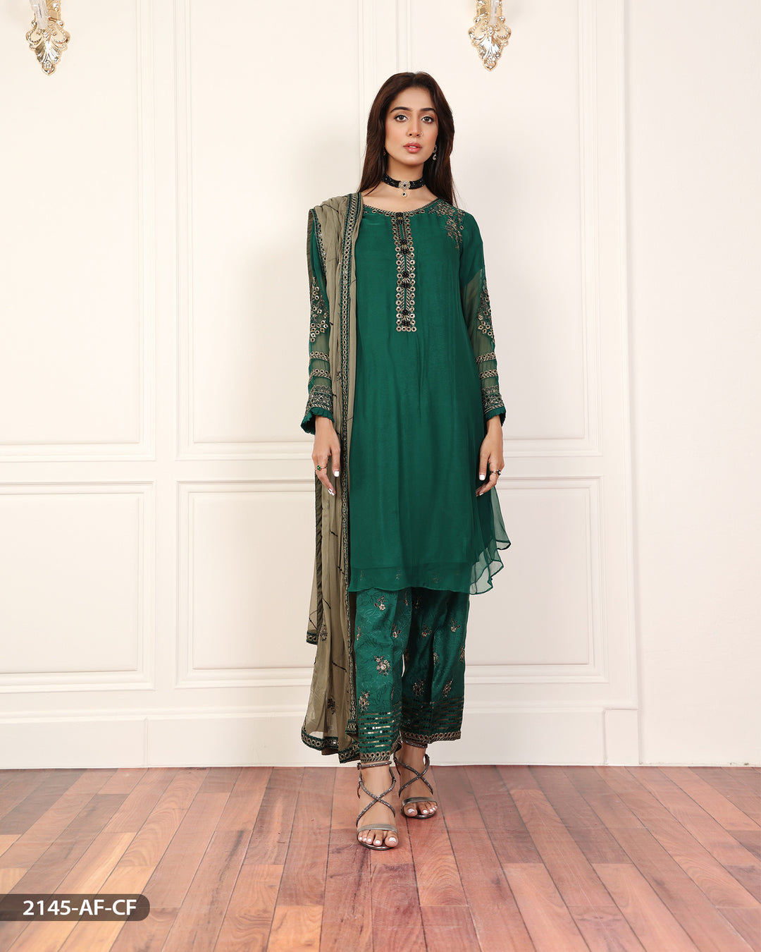 Stitched 3 Piece Embroidered Frock | 2145-AF-CF